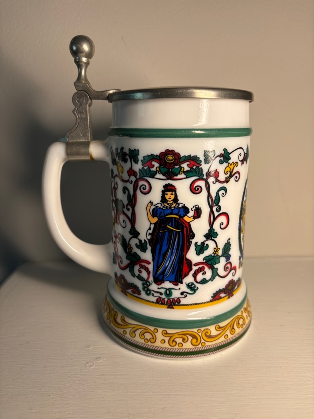 Vintage Beer Stein with Pewter Lid - White, Blue, Green, Yellow